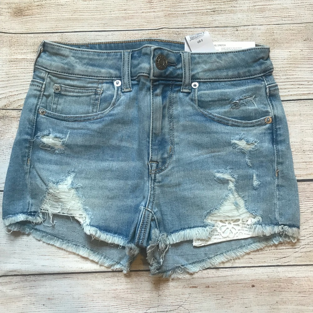 AE Hi Rise Shortie - 2 Jean Distressed Lace Crop